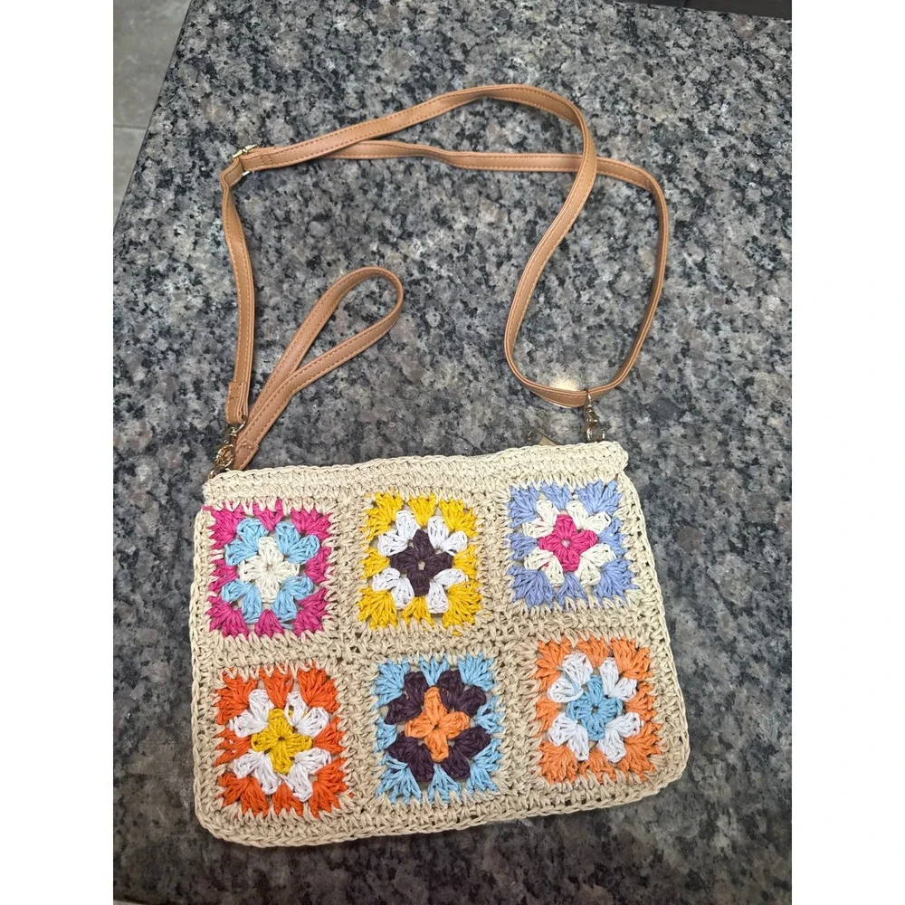 Boho Crochet Granny Square Crossbody Bag Woven Straw Summer Festival Purse Multi